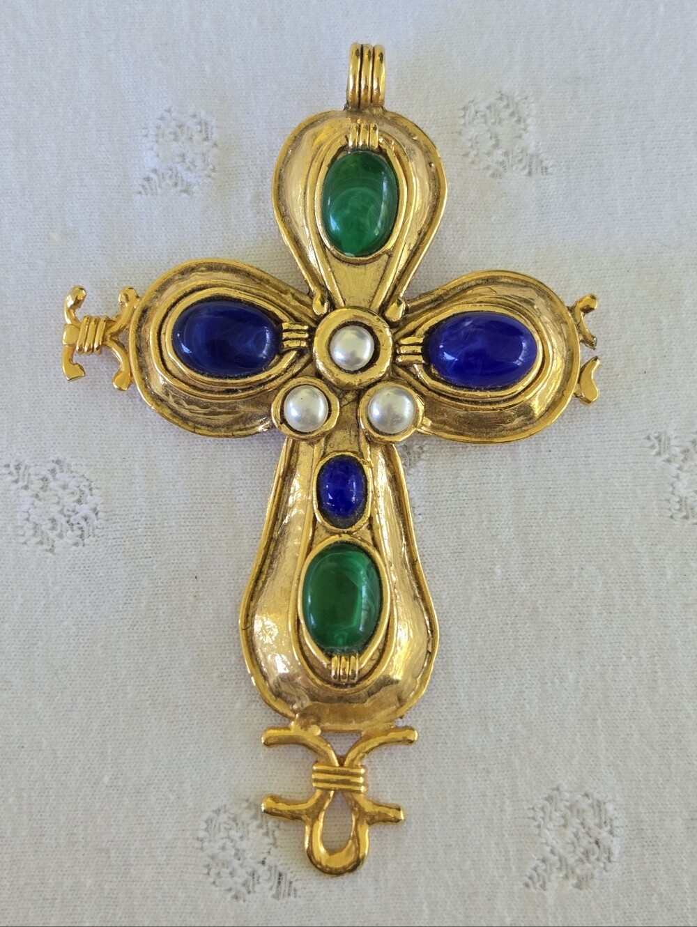 Gold-Tone Cross Pendant (or Brooch) with Blue and Green Cabochons and Pearls